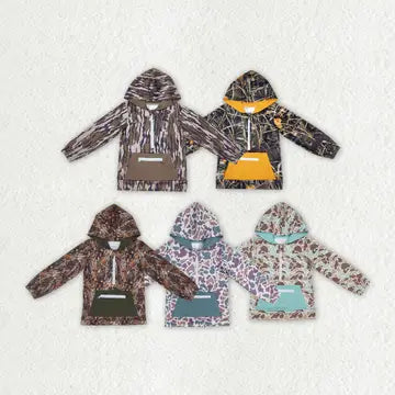 Boys Camo Hooded Half-Zip Pocket Pullovers